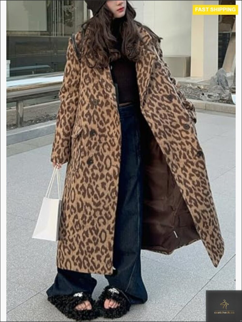 Leopard Print Wool Blend Pea Coat Double Breasted Trench Overcoat Winter Warm - Picture 2 of 7